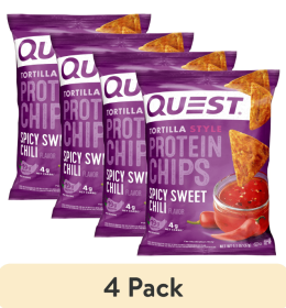 (4 pack) Quest Nutrition Tortilla Style Protein Chips, 19g Protein, Spicy Sweet Chili Flavor, Baked, Single 1.1oz Bag